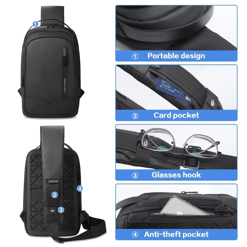Heroic Knight Anti-Theft Crossbody Sling Bag USB Travel Backpack | Black | NWT - Picture 4 of 6